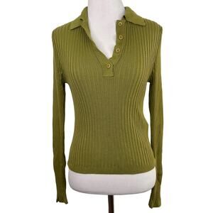 Topshop Green Ribbed Knitted Top V-Neck Long Sleeve Shirt Size 4-6